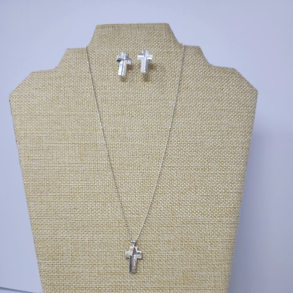 Silver Cross Necklace and Earring Set